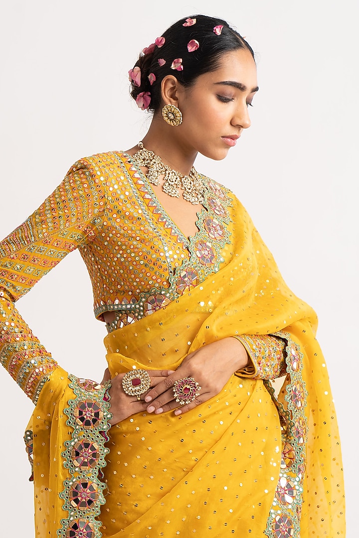 Yellow Hand Embroidered Wedding Saree Set by Vvani By Vani Vats at Pernia's Pop Up Shop