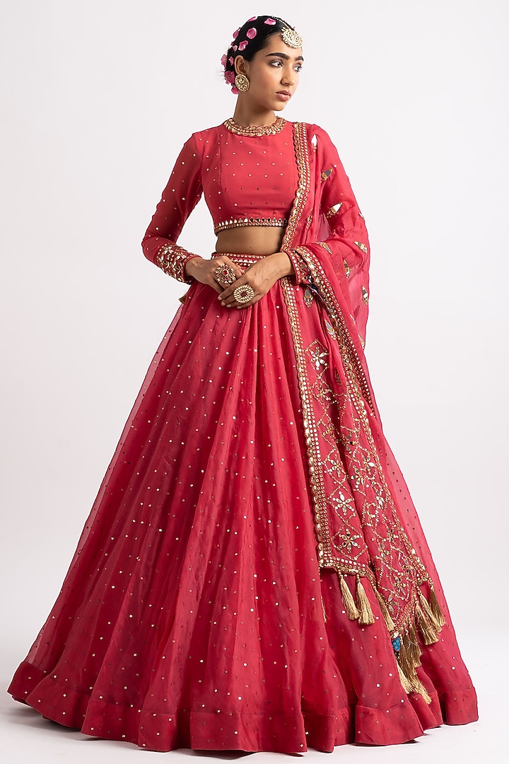 Deep Coral Silk Organza Hand Embroidered Wedding Lehenga Set by Vvani By Vani Vats at Pernia's Pop Up Shop
