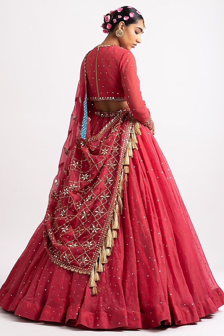 Deep Coral Silk Organza Hand Embroidered Wedding Lehenga Set by Vvani By Vani Vats at Pernia's Pop Up Shop