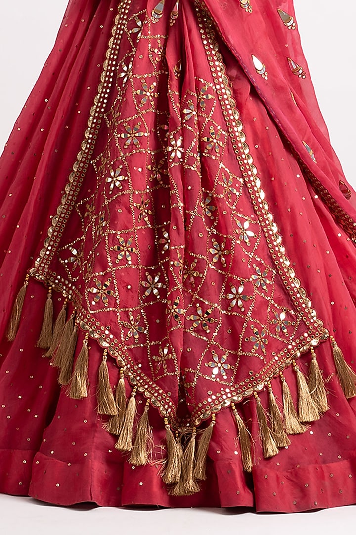 Deep Coral Silk Organza Hand Embroidered Wedding Lehenga Set by Vvani By Vani Vats at Pernia's Pop Up Shop
