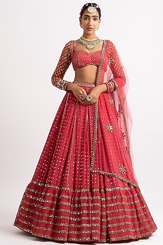 Deep Coral Mirror Embroidered Lehenga Set by Vvani By Vani Vats