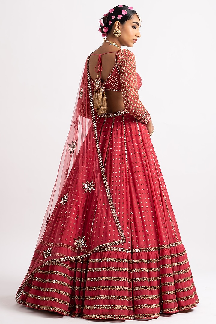 Deep Coral Mirror Embroidered Wedding Lehenga Set by Vvani By Vani Vats at Pernia's Pop Up Shop