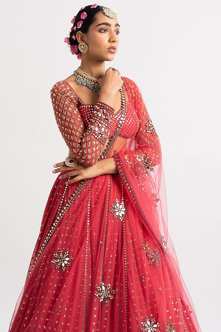 Deep Coral Mirror Embroidered Wedding Lehenga Set by Vvani By Vani Vats at Pernia's Pop Up Shop