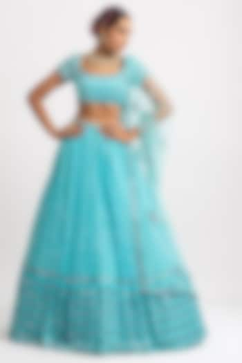 Mint Blue Georgette Mirror Embroidered  Wedding Lehenga Set by Vvani By Vani Vats at Pernia's Pop Up Shop