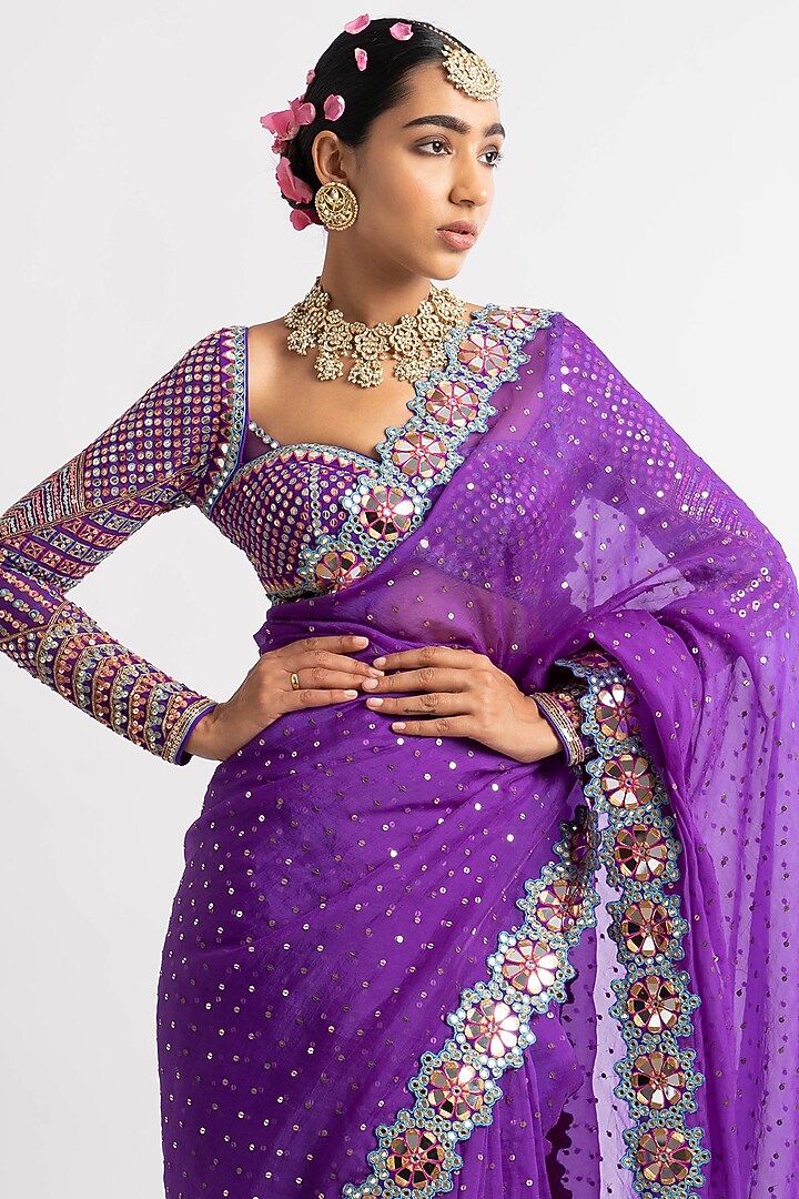 Purple Sequins Wedding Saree Set by Vvani By Vani Vats at Pernia's Pop Up Shop