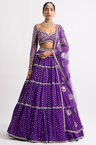 Purple Georgette Tiered Lehenga Set by Vvani By Vani Vats