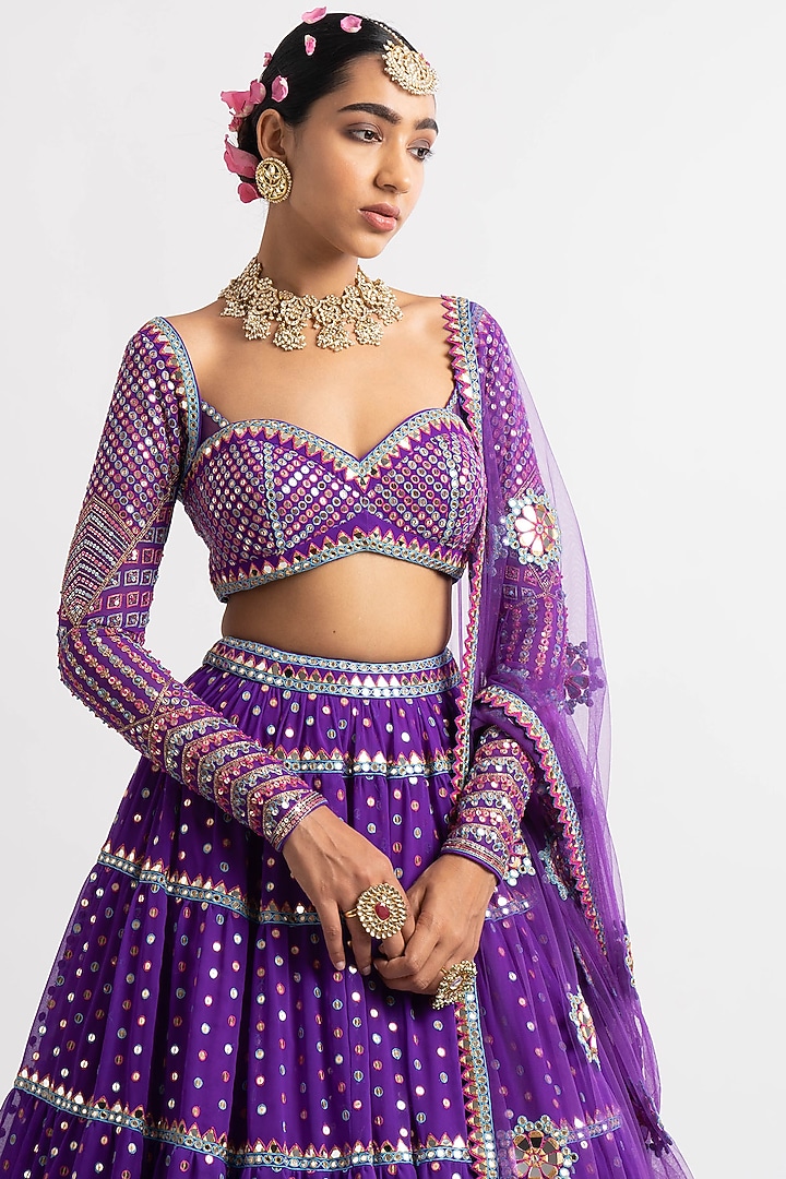 Purple Georgette Tiered Wedding Lehenga Set by Vvani By Vani Vats at Pernia's Pop Up Shop