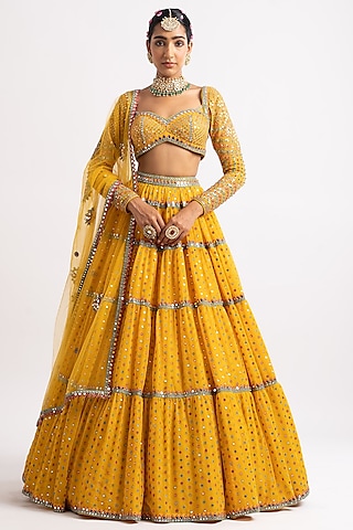 Yellow Georgette Tiered Lehenga Set by Vvani By Vani Vats