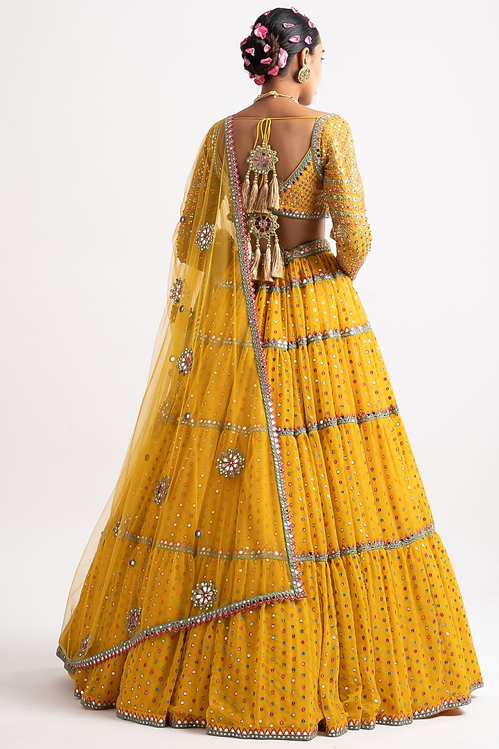 Yellow Georgette Tiered Wedding Lehenga Set by Vvani By Vani Vats at Pernia's Pop Up Shop
