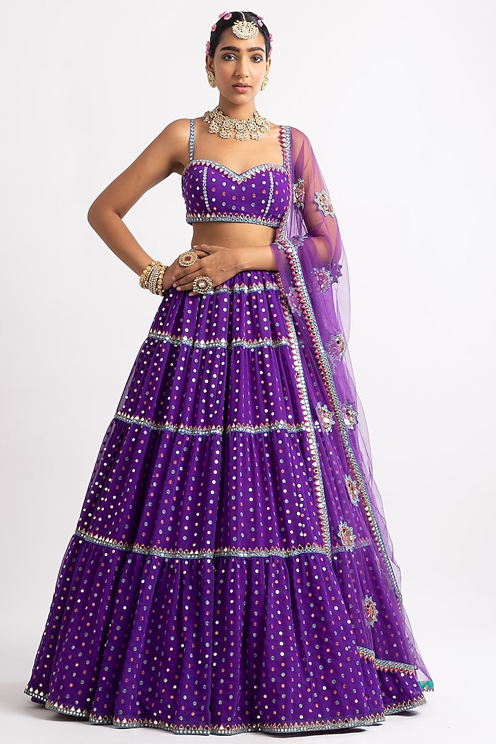 Purple Georgette Hand Embroidered Wedding Lehenga Set by Vvani By Vani Vats at Pernia's Pop Up Shop