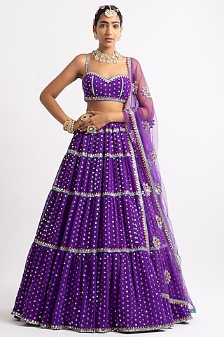 Purple Georgette Hand Embroidered Lehenga Set by Vvani By Vani Vats