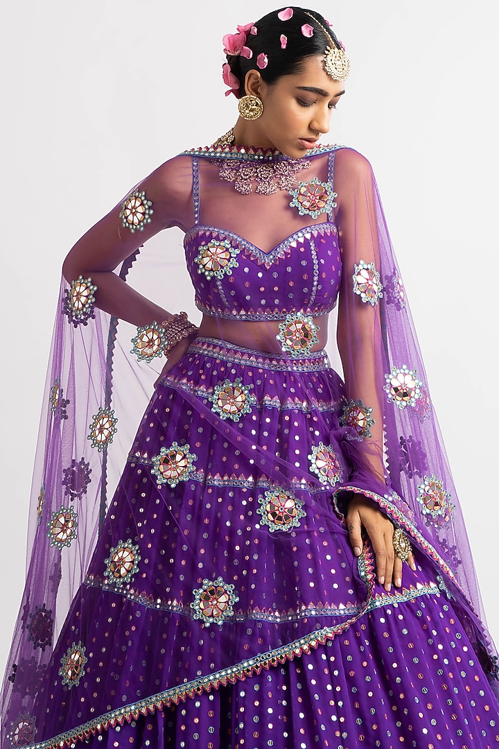 Purple Georgette Hand Embroidered Wedding Lehenga Set by Vvani By Vani Vats at Pernia's Pop Up Shop