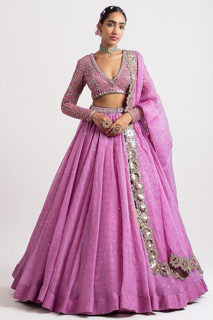Dark Blush Silk Organza Wedding Lehenga Set by Vvani By Vani Vats at Pernia's Pop Up Shop
