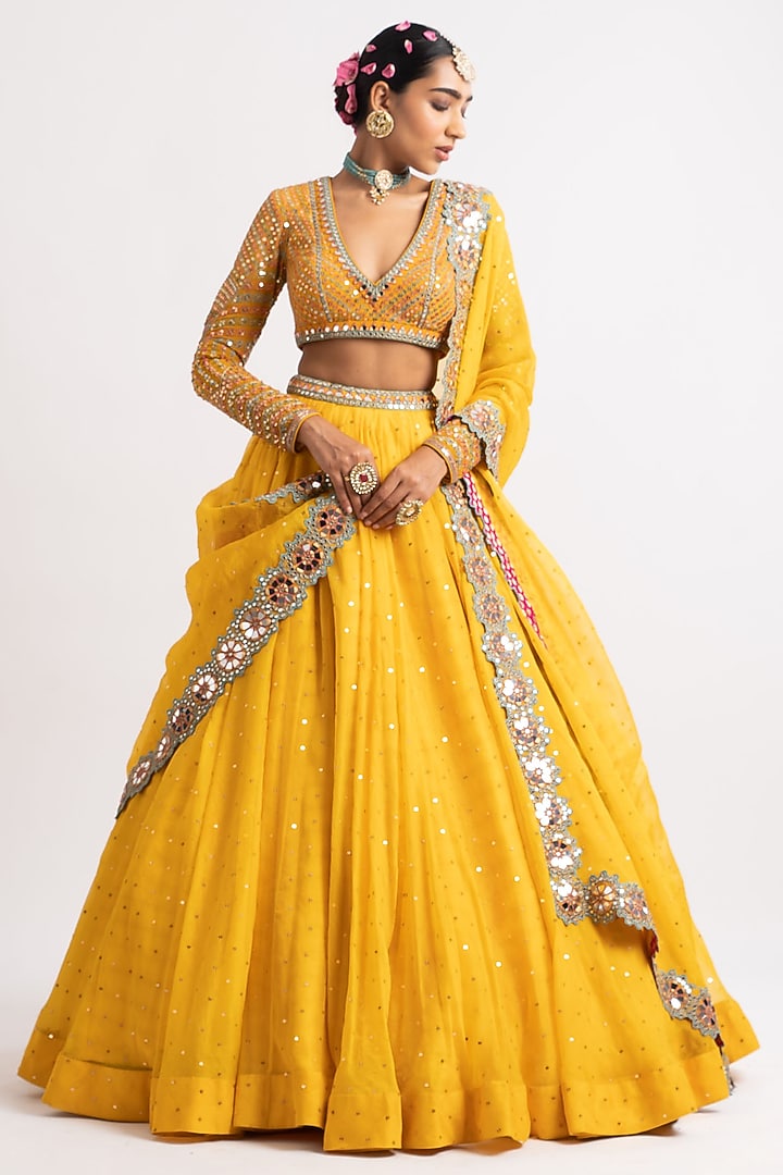 Yellow Silk Organza Hand Embroidered Wedding Lehenga Set by Vvani By Vani Vats at Pernia's Pop Up Shop
