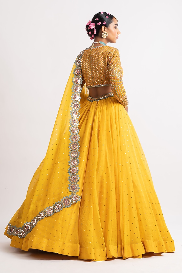 Yellow Silk Organza Hand Embroidered Wedding Lehenga Set by Vvani By Vani Vats at Pernia's Pop Up Shop