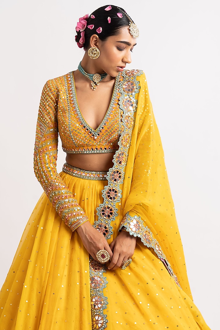 Yellow Silk Organza Hand Embroidered Wedding Lehenga Set By Vvani By