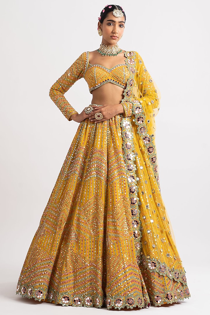 Yellow Georgette Zari Embroidered  Bridal Lehenga Set by Vvani By Vani Vats at Pernia's Pop Up Shop