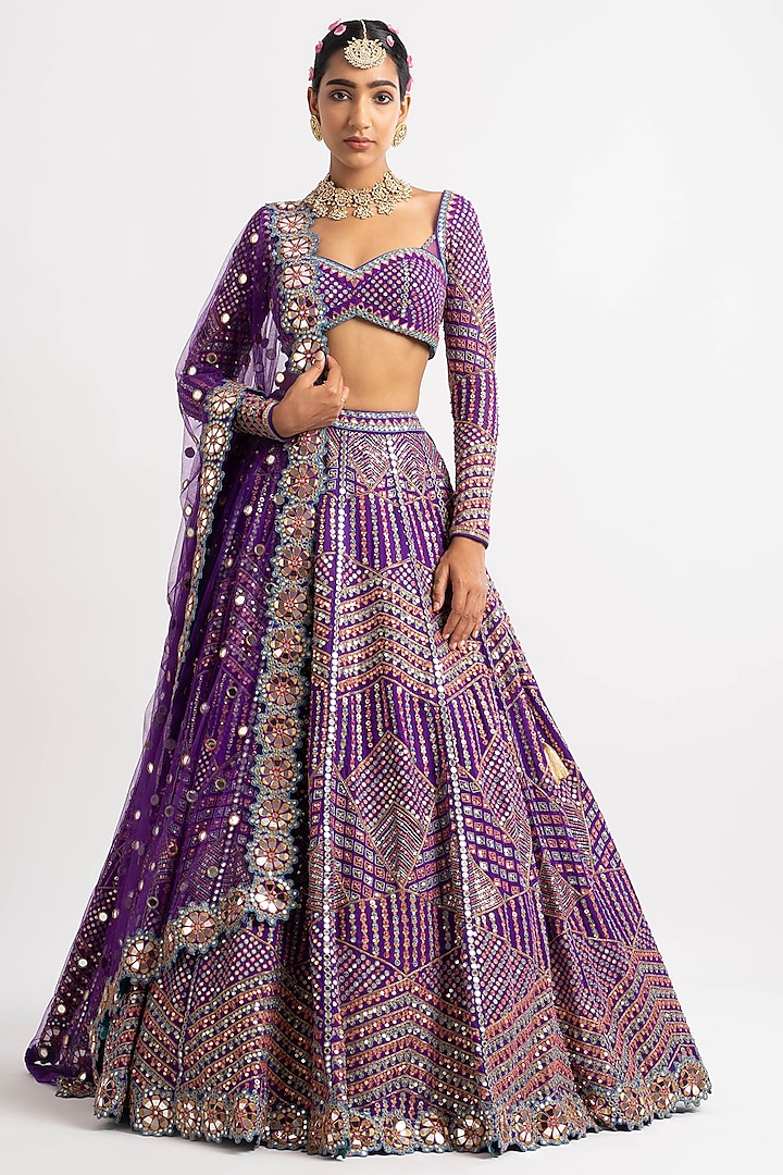 Purple Georgette Zari Embroidered Lehenga Set by Vvani By Vani Vats