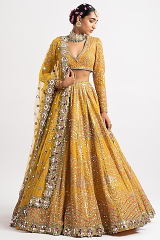 Yellow Georgette Zari Embroidered Lehenga Set by Vvani By Vani Vats