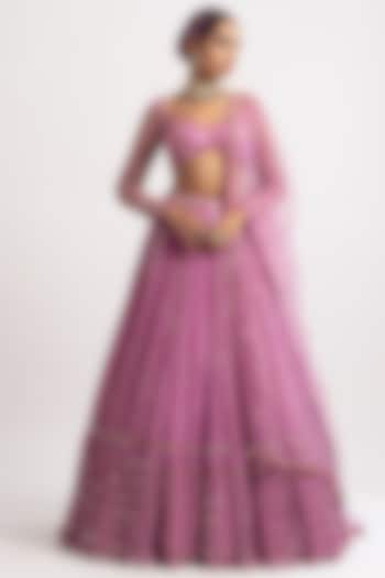 Pink Georgette Sequins Embroidered Lehenga Set by Vvani By Vani Vats