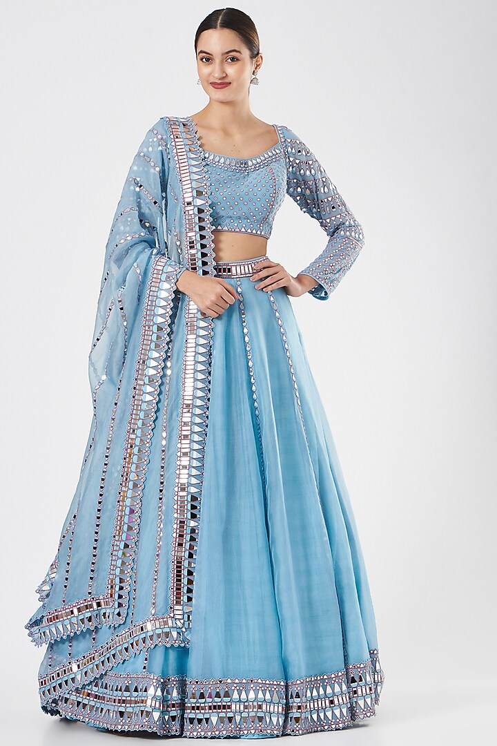 Ice Blue Organza Embroidered Wedding Lehenga Set by Vvani By Vani Vats at Pernia's Pop Up Shop