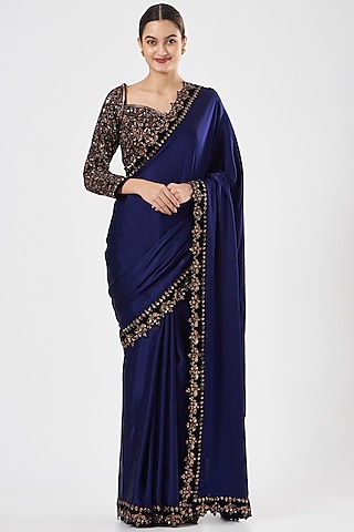 Navy Blue Embroidered Saree Set by Vvani By Vani Vats