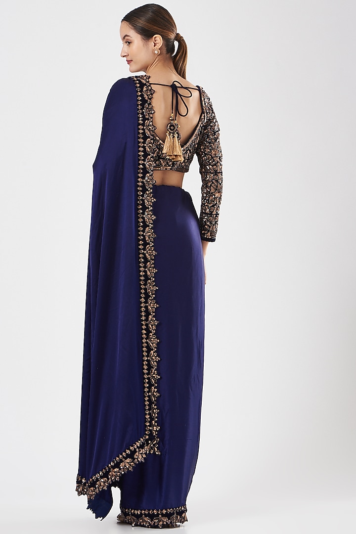 Navy Blue Embroidered Wedding Saree Set by Vvani By Vani Vats at Pernia's Pop Up Shop