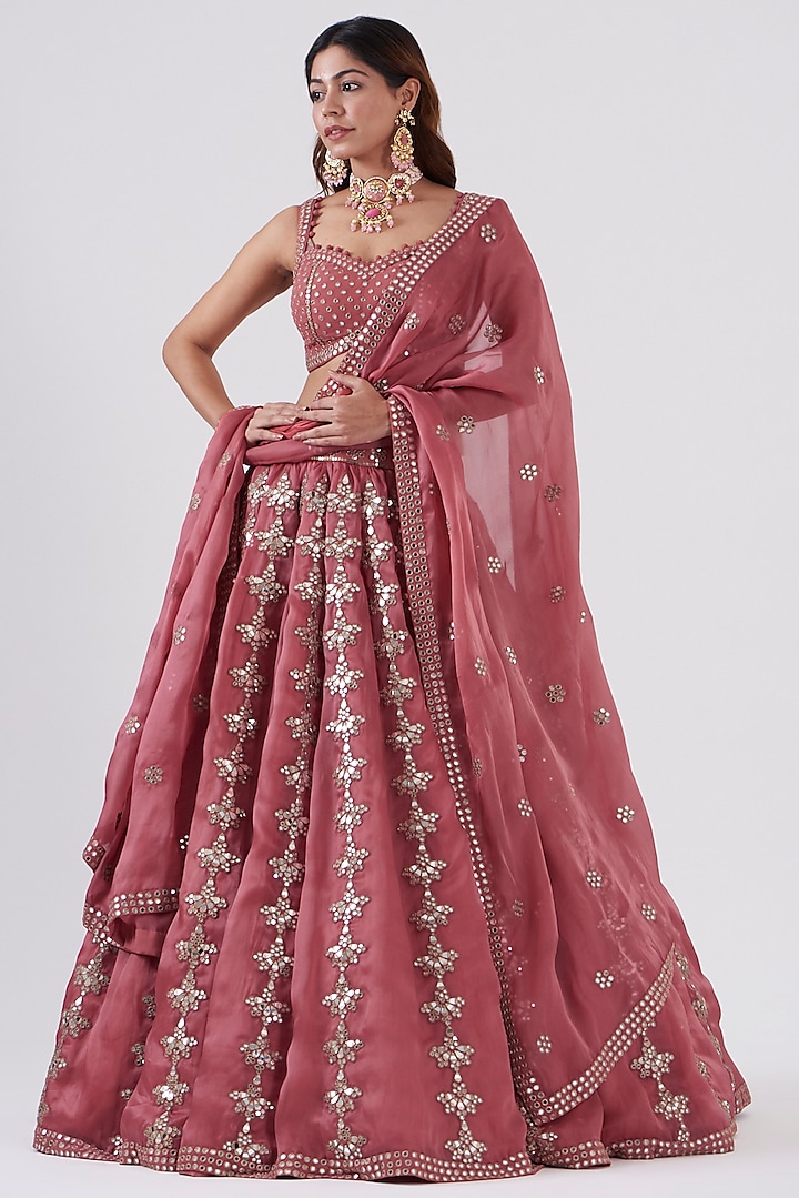 Pink Satin Organza Mirror Embroidered Lehenga Set by Vvani by Vani Vats