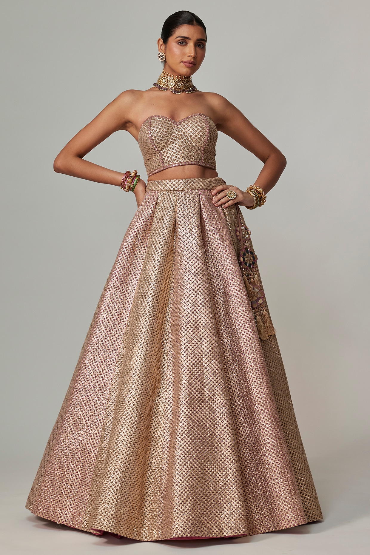 Vvani by Vani Vats Deep Beige Georgette Gota Embroidered Lehenga Set