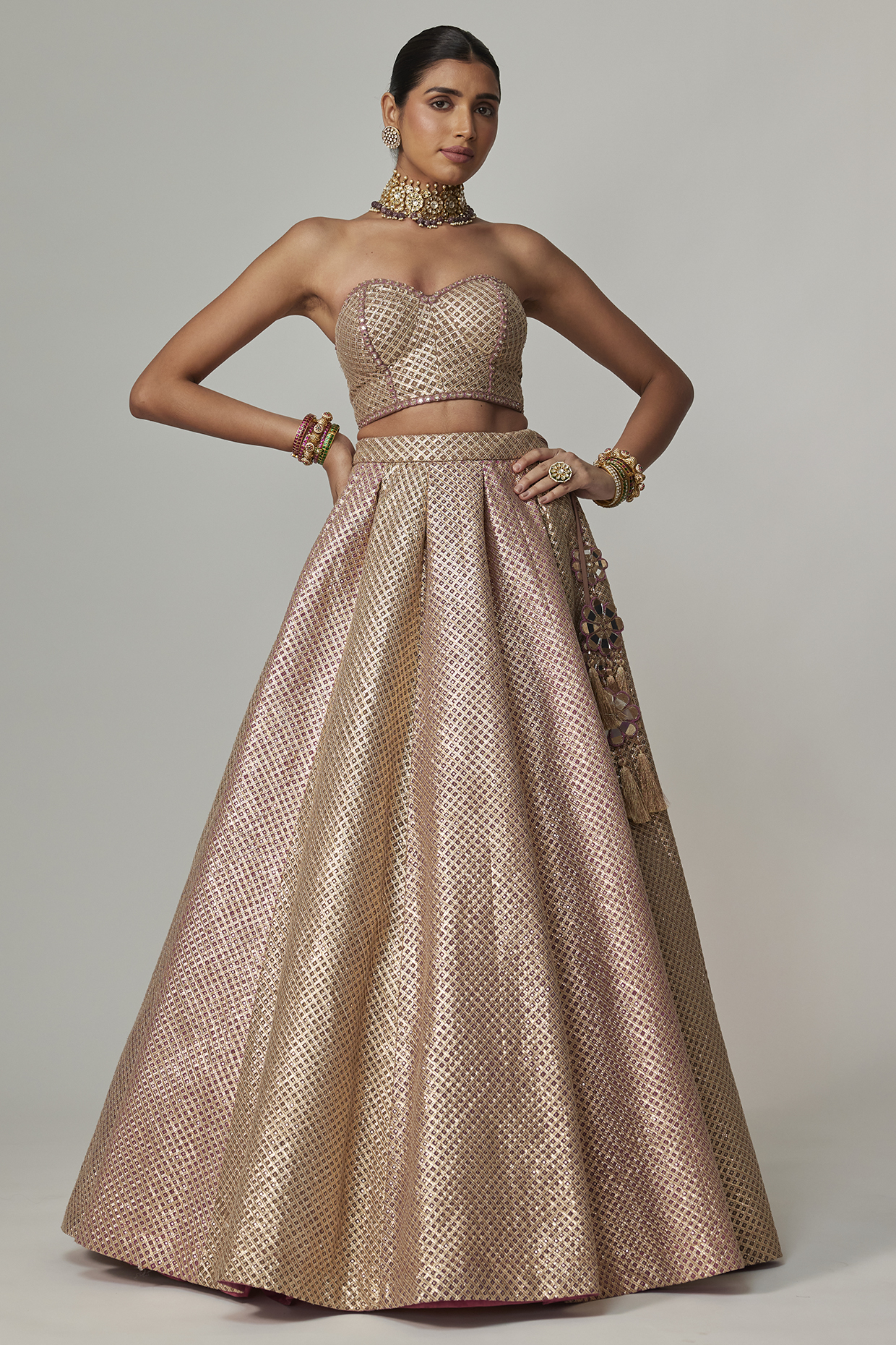 Deep Beige Georgette Gota Embroidered Wedding Lehenga Set by Vvani by Vani Vats at Pernia's Pop Up Shop