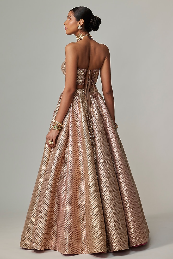 Deep Beige Georgette Gota Embroidered Wedding Lehenga Set by Vvani by Vani Vats at Pernia's Pop Up Shop
