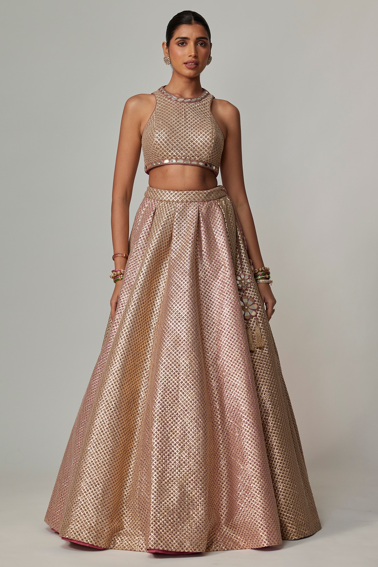 Vvani by Vani Vats Deep Beige Georgette Gota Embroidered Lehenga Set