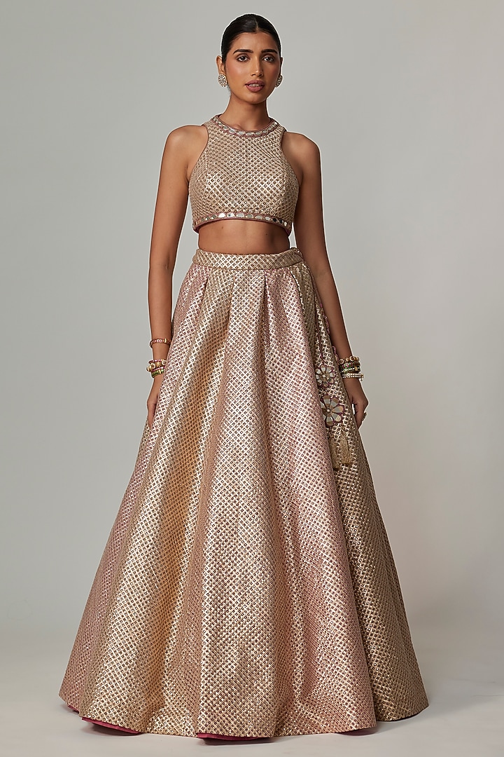 Deep Beige Georgette Gota Embroidered Wedding Lehenga Set by Vvani by Vani Vats at Pernia's Pop Up Shop