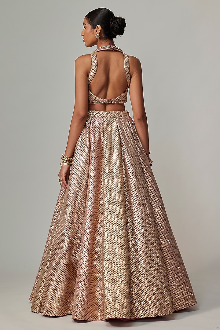 Deep Beige Georgette Gota Embroidered Wedding Lehenga Set by Vvani by Vani Vats at Pernia's Pop Up Shop