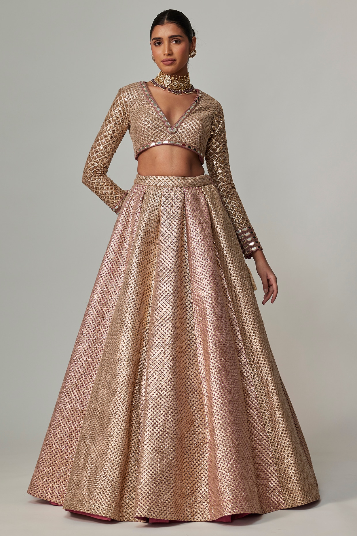 Vvani by Vani Vats Deep Beige Georgette Gota Embroidered Lehenga Set