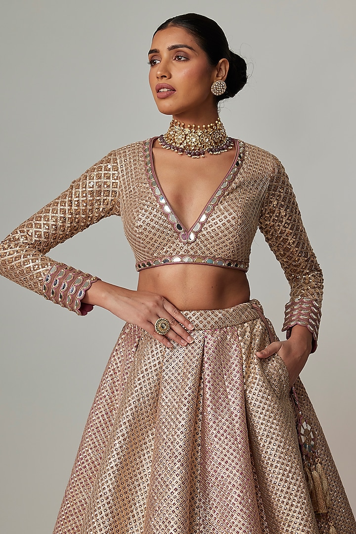 Deep Beige Georgette Gota Embroidered Wedding Lehenga Set by Vvani by Vani Vats at Pernia's Pop Up Shop