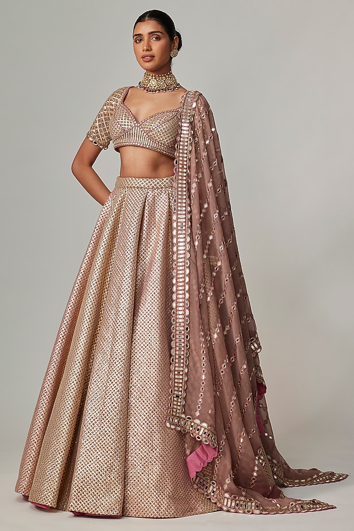 Deep Beige Georgette Gota Embroidered Wedding Lehenga Set by Vvani by Vani Vats at Pernia's Pop Up Shop