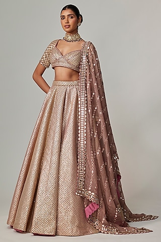 Deep Beige Georgette Gota Embroidered Lehenga Set by Vvani by Vani Vats
