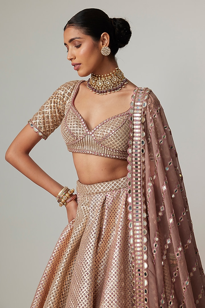 Deep Beige Georgette Gota Embroidered Wedding Lehenga Set by Vvani by Vani Vats at Pernia's Pop Up Shop