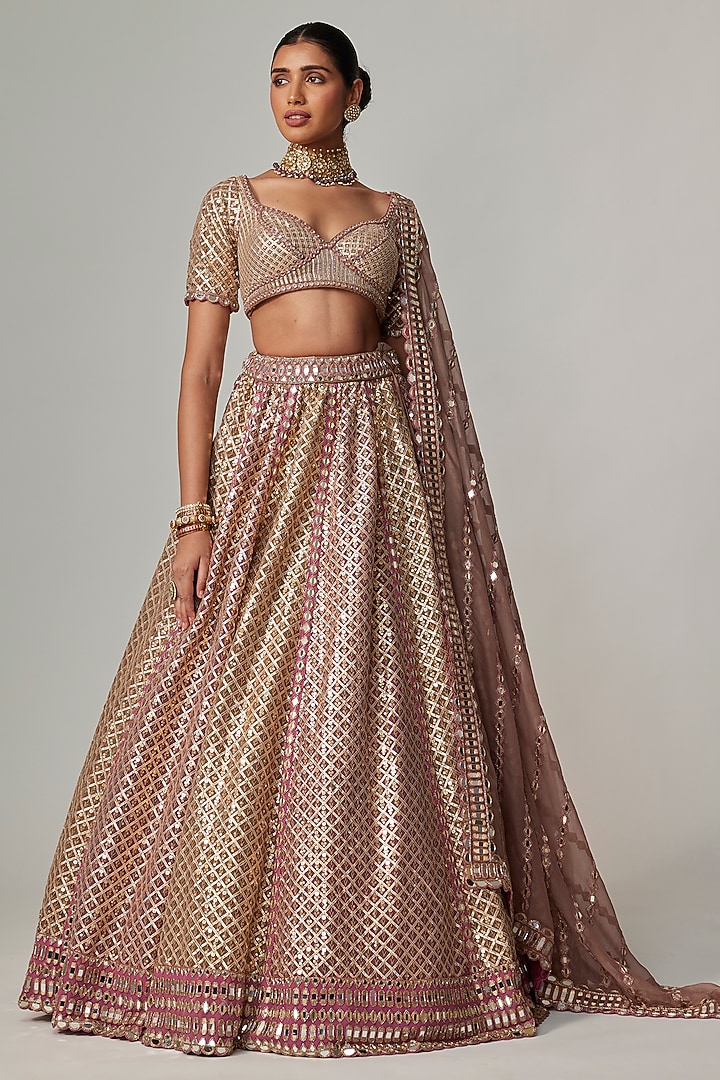 Deep Beige Georgette Gota Embroidered Bridal Lehenga Set by Vvani by Vani Vats at Pernia's Pop Up Shop