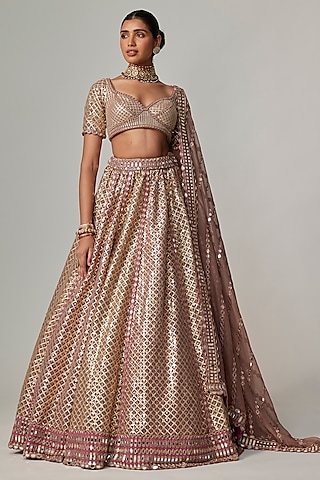 Deep Beige Georgette Gota Embroidered Lehenga Set by Vvani by Vani Vats