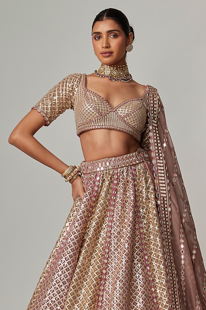 Deep Beige Georgette Gota Embroidered Bridal Lehenga Set by Vvani by Vani Vats at Pernia's Pop Up Shop