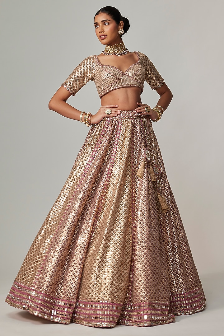 Deep Beige Georgette Gota Embroidered Bridal Lehenga Set by Vvani by Vani Vats at Pernia's Pop Up Shop