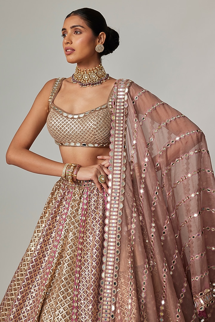 Deep Beige Georgette Gota Embroidered Bridal Lehenga Set by Vvani by Vani Vats at Pernia's Pop Up Shop