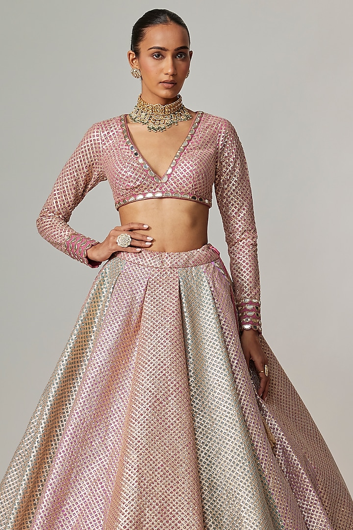 Multi-Colored Georgette Gota Embroidered Wedding Lehenga Set by Vvani By Vani Vats at Pernia's Pop Up Shop