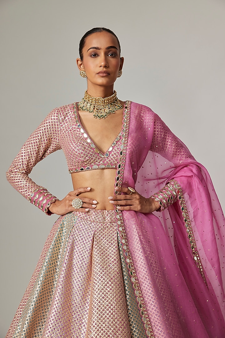 Multi-Colored Georgette Gota Embroidered Wedding Lehenga Set by Vvani By Vani Vats at Pernia's Pop Up Shop