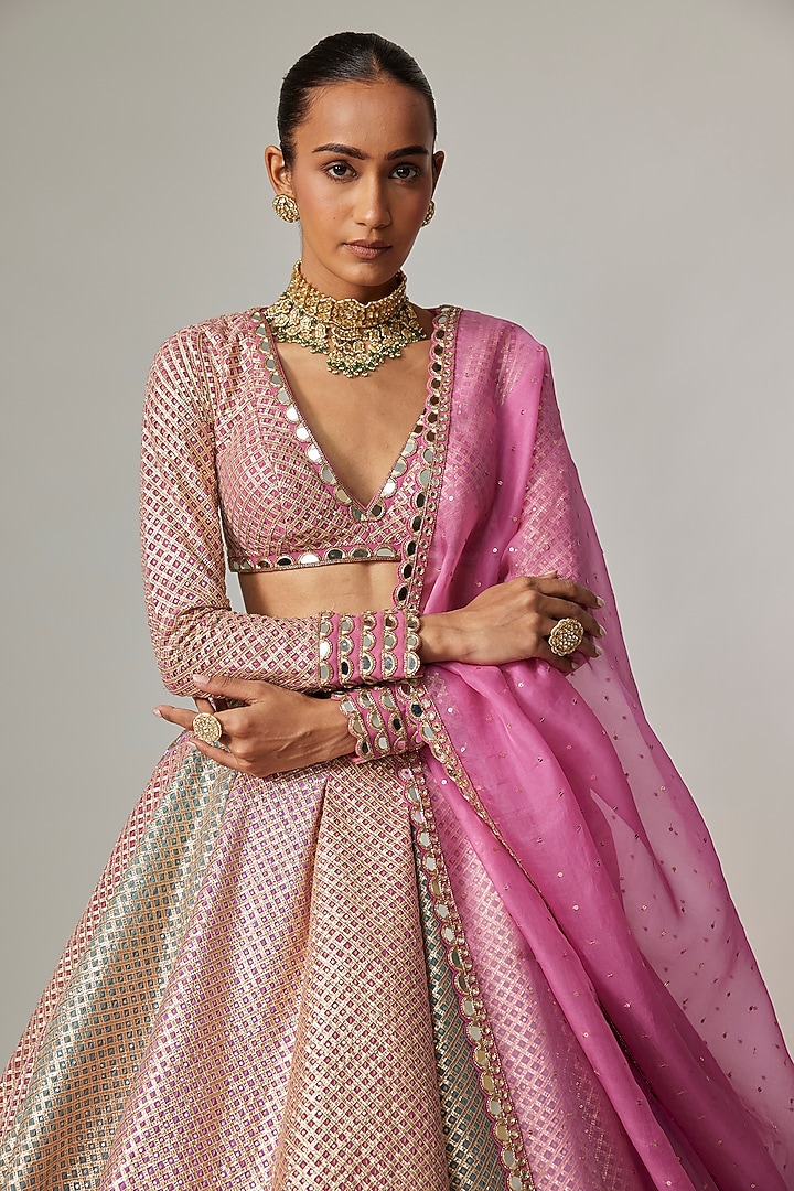 Multi-Colored Georgette Gota Embroidered Wedding Lehenga Set by Vvani By Vani Vats at Pernia's Pop Up Shop