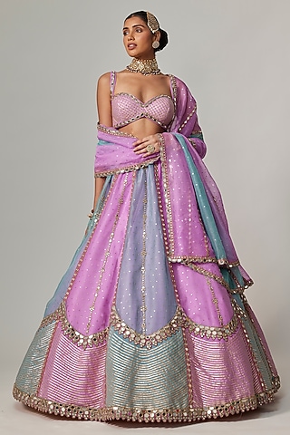 Multi-Colored Organza Gota Embroidered Lehenga Set by Vvani By Vani Vats