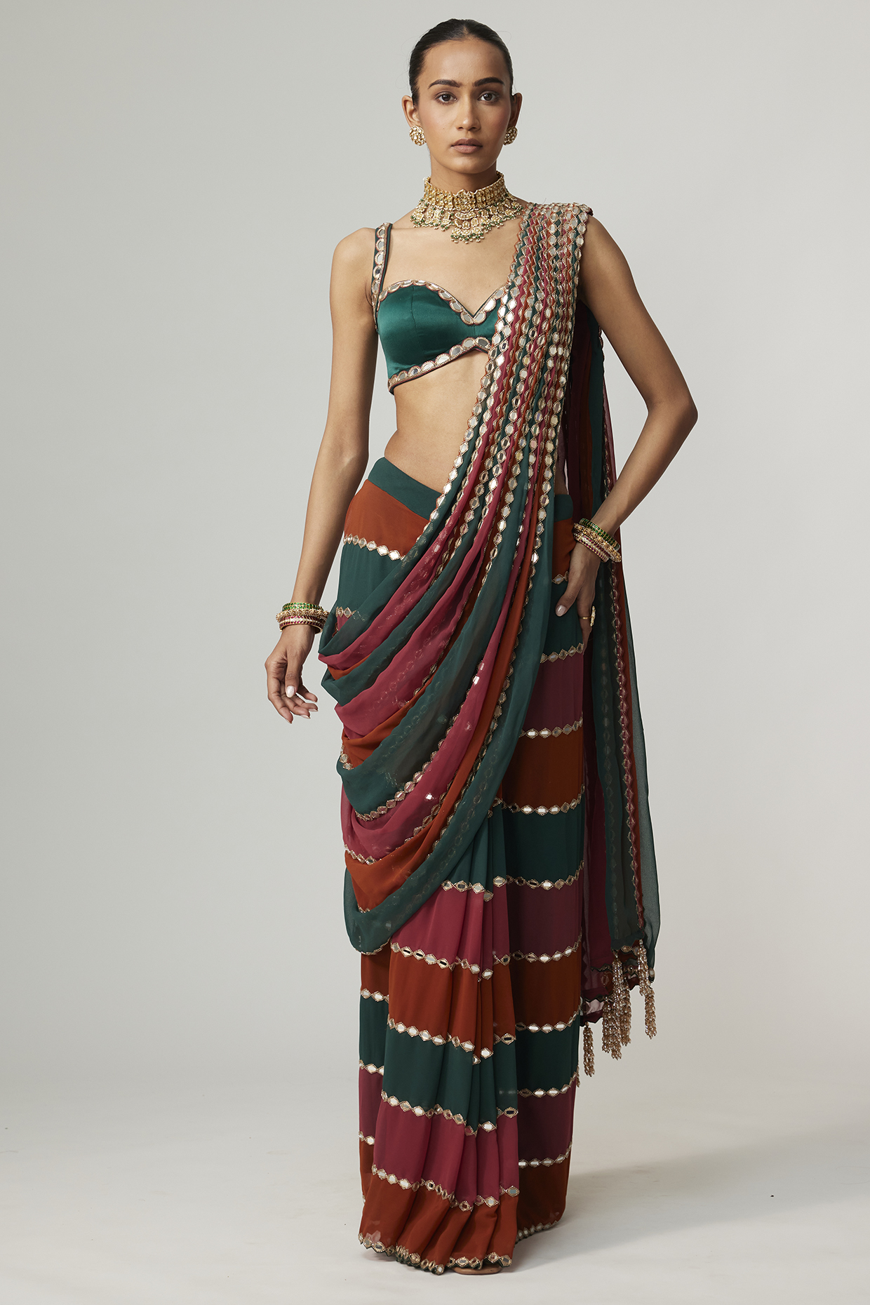 Multi-Colored Georgette Mirror Embroidered Reception Saree Set by Vvani By Vani Vats at Pernia's Pop Up Shop