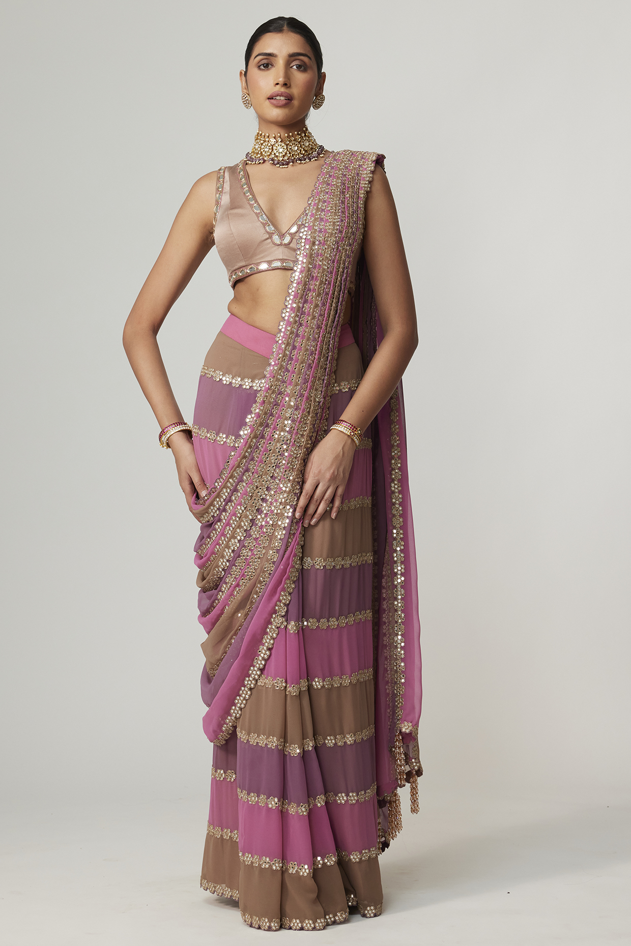 Multi-Colored Georgette Mirror Embroidered Reception Saree Set by Vvani By Vani Vats at Pernia's Pop Up Shop